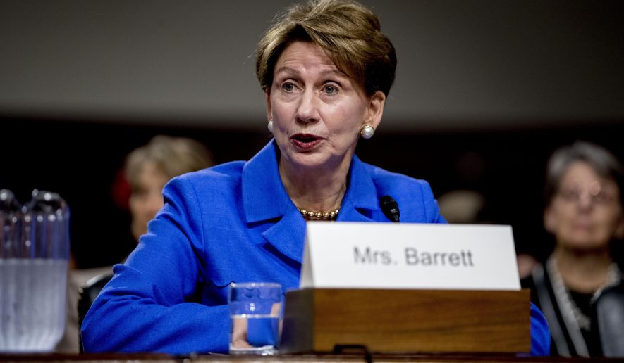 FILE - In this Sept. 12, 2019, file photo, Barbara Barrett, the nominee to the Secretary of the Air Force, speaks during her Senate Armed Services Committee confirmation hearing on Capitol Hill in Washington. The Senate has confirmed Barrett as civilian leader of the Air Force. The Oct. 16, 85-7 vote makes Barrett the third consecutive woman to lead the Air Force (AP Photo/Andrew Harnik, File)