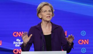 Democratic presidential candidate Sen. Elizabeth Warren, D-Mass., speaks during a Democratic presidential primary debate hosted by CNN and The New York Times at Otterbein University, Tuesday, Oct. 15, 2019, in Westerville, Ohio. (AP Photo/John Minchillo)