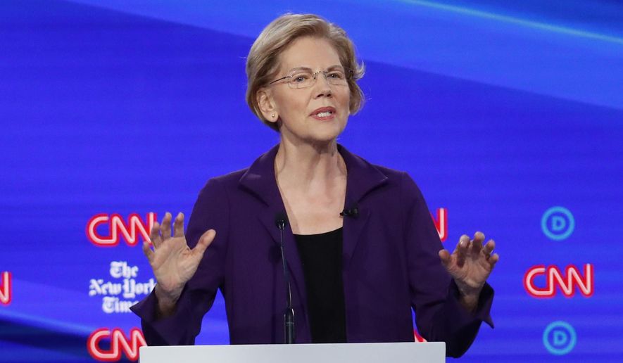 Democratic presidential candidate Sen. Elizabeth Warren, D-Mass., speaks during a Democratic presidential primary debate hosted by CNN and The New York Times at Otterbein University, Tuesday, Oct. 15, 2019, in Westerville, Ohio. (AP Photo/John Minchillo)