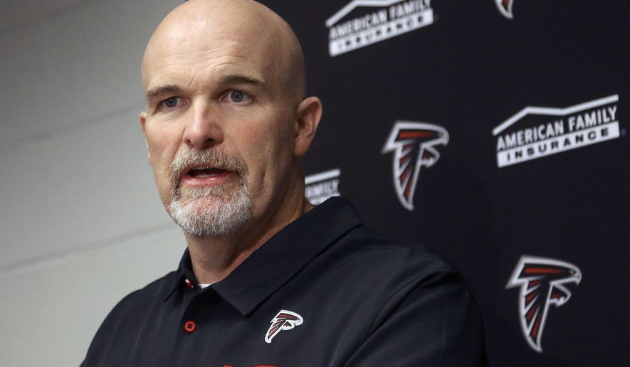 FILE - In this Oct. 13, 2019, file photo, Atlanta Falcons NFL football head coach Dan Quinn speaks to the media after a 34-33 loss to the Arizona Cardinals, in Glendale, Ariz. The Falcons returned from their two-game road trip to find their losing streak at four games and the pressure mounting on coach Dan Quinn to quickly show signs he can stop the skid. The Falcons, who play the Rams on Sunday, rank last in the league in scoring defense and that only adds to Quinn&#x27;s woes since he took over the defense this season. (AP Photo/Ross D. Franklin, File)
