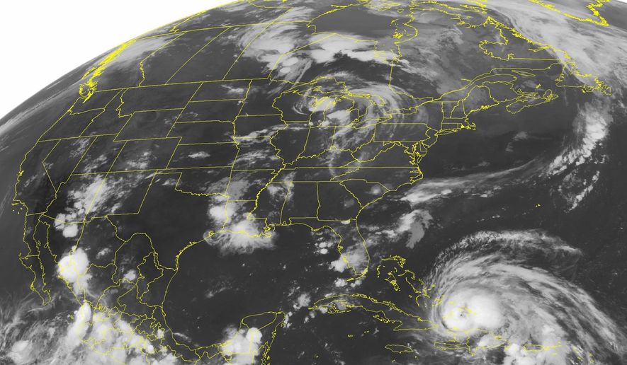 FILE - This Wednesday, Aug. 24, 2011 NOAA satellite image shows Hurricane Irene, a category 2 storm with winds up to 100 mph and located about 400 miles southeast of Nassau. According to a study published Monday, Oct. 14, 2019 in the journal Geophysical Research Letters, scientists have discovered a real life mash-up of two feared disasters _ hurricanes and earthquakes _ called “stormquakes.” It’s a shaking of the sea floor during a hurricane or nor’easter that rumbles like a magnitude 3.5 earthquake. It’s a fairly common natural occurrence that wasn’t noticed before because it was in the seismic background noise. (Weather Underground via AP)