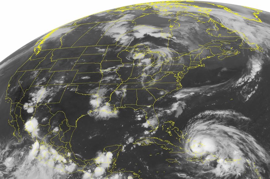 FILE - This Wednesday, Aug. 24, 2011 NOAA satellite image shows Hurricane Irene, a category 2 storm with winds up to 100 mph and located about 400 miles southeast of Nassau. According to a study published Monday, Oct. 14, 2019 in the journal Geophysical Research Letters, scientists have discovered a real life mash-up of two feared disasters _ hurricanes and earthquakes _ called “stormquakes.” It’s a shaking of the sea floor during a hurricane or nor’easter that rumbles like a magnitude 3.5 earthquake. It’s a fairly common natural occurrence that wasn’t noticed before because it was in the seismic background noise. (Weather Underground via AP)
