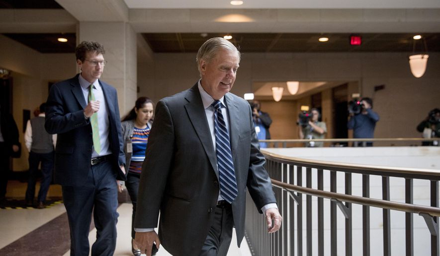 Sen. Lindsey Graham, R-S.C., walks on Capitol Hill in Washington, Wednesday, Oct. 16, 2019. (AP Photo/Andrew Harnik)