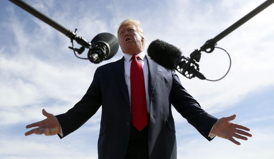President Donald Trump speaks about Turkey as he arrives at Naval Air Station Joint Reserve Base in Fort Worth, Texas, Thursday, Oct. 17, 2019. (AP Photo/Andrew Harnik)