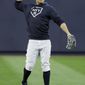 New York Yankees left fielder Giancarlo Stanton warms up during batting practice before Game 4 of baseball&#39;s American League Championship Series against the Houston Astros Thursday, Oct. 17, 2019, in New York. (AP Photo/Matt Slocum)