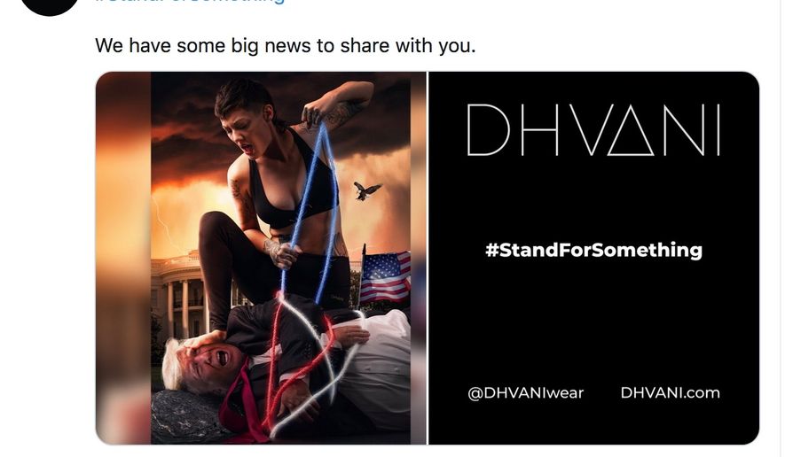 President Trump is tied up and dominated in an ad by the athletic apparel company Dhvani. Ad space in Times Square has been purchased to promote the brand. (Image: Twitter, Dhvani)