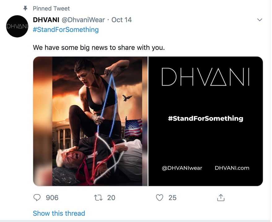 President Trump is tied up and dominated in an ad by the athletic apparel company Dhvani. Ad space in Times Square has been purchased to promote the brand. (Image: Twitter, Dhvani)