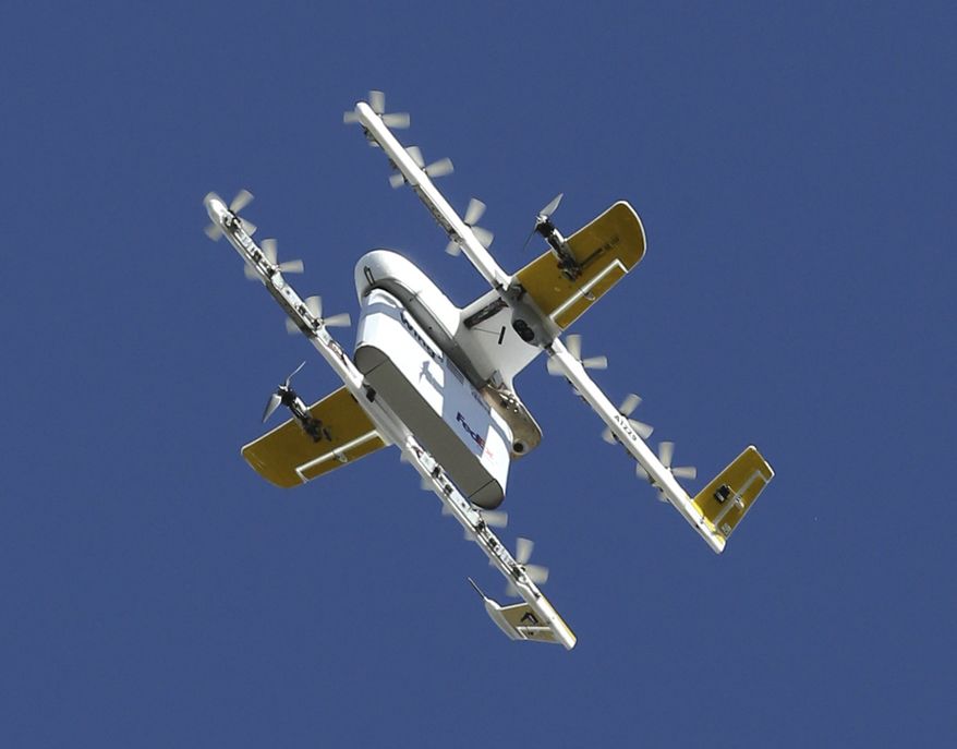A drone is shown in flight in the skies over Christiansburg, Va., in this Oct. 18, 2019 file photo. From Oct. 23-25, 2019, the Vermont Agency of Transportation is testing drones as part of a statewide emergency preparedness exercise designed around mock flooding from a catastrophic tropical storm. (Matt Gentry/The Roanoke Times via AP) **FILE**