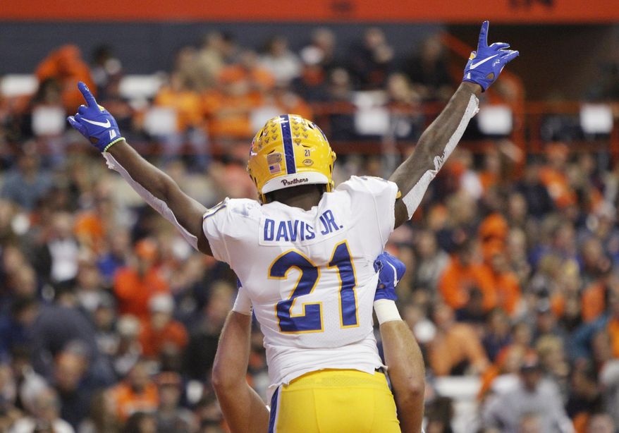 Pittsburgh&#39;s A.J. Davis celebrates after scoring a touchdown during the second quarter of the team&#39;s NCAA college football game against Syracuse in Syracuse, N.Y., Friday, Oct. 18, 2019. (AP Photo/Nick Lisi)