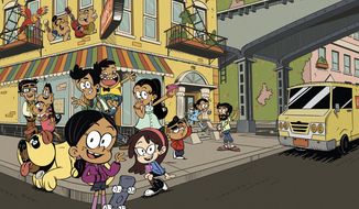 This image released by Nickelodeon shows a scene from the animated series “The Casagrandes,” featuring a multigenerational Mexican American family. In this series, Ronnie Anne, her older brother and single mother, leave the suburbs to move in with their large family in the fictional Great Lake City. The apartment is located above The Casagrandes bodega, owned by grandpa, and next to an elevated subway track. (Nickelodeon via AP)
