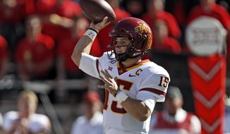 Iowa State&#39;s Brock Purdy (15) passes the ball during the first half of an NCAA college football game against Texas Tech, Saturday, Oct. 19, 2019, in Lubbock, Texas. (Brad Tollefson/Lubbock Avalanche-Journal via AP)