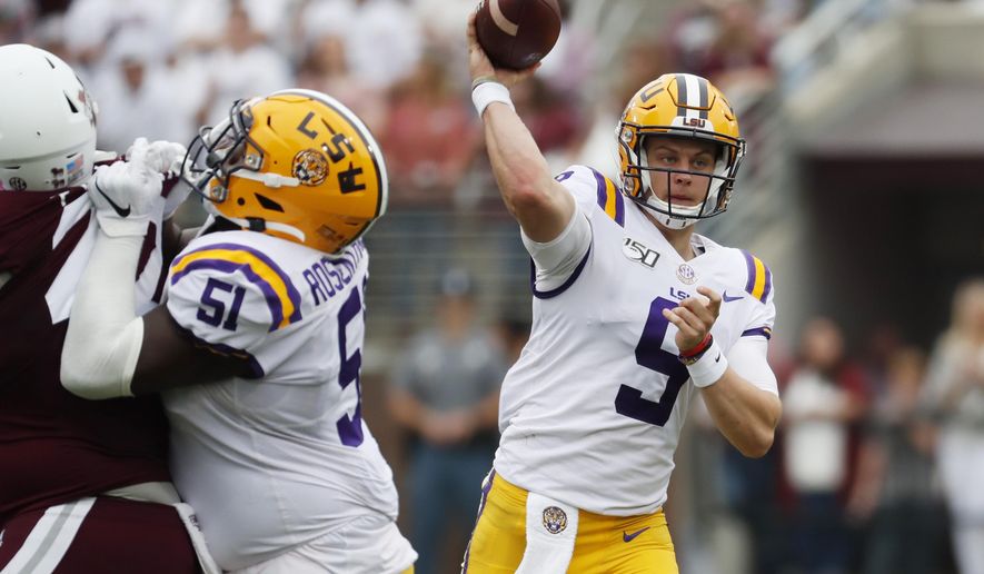 LSU quarterback Joe Burrow (9) passes against Mississippi State during the first half of their NCAA college football game in Starkville, Miss., Saturday, Oct. 19, 2019. (AP Photo/Rogelio V. Solis)
