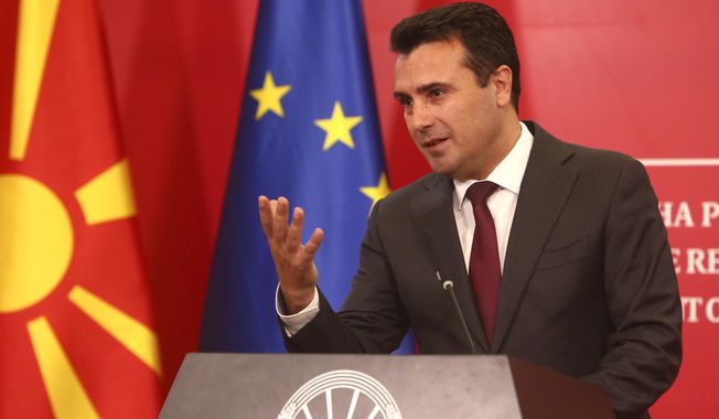 North Macedonia&#x27;s Prime Minister Zoran Zaev talks to the media during a news conference at the government building in Skopje, North Macedonia, Saturday, Oct. 19, 2019. North Macedonia&#x27;s Prime Minister Zoran Zaev say he is &amp;quot;disappointed and outraged&amp;quot; with European Union&#x27;s Council decision not to start membership talks with his country. (AP Photo/Boris Grdanoski)