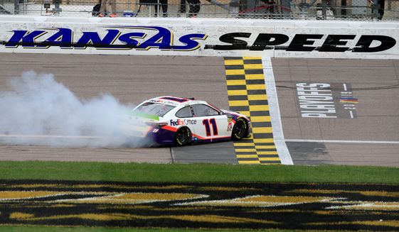 Denny Hamlin picked up his fifth win of the season with a NASCAR Cup Series elimination race victory at Kansas Speedway in Kansas City, Kansas. (ASSOCIATED PRESS)