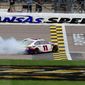 Denny Hamlin picked up his fifth win of the season with a NASCAR Cup Series elimination race victory at Kansas Speedway in Kansas City, Kansas. (ASSOCIATED PRESS)