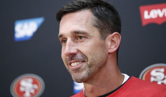 San Francisco 49ers head coach Kyle Shanahan speaks at a news conference after an NFL football game against the Washington Redskins, Sunday, Oct. 20, 2019, in Landover, Md. (AP Photo/Alex Brandon)