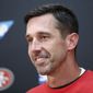 San Francisco 49ers head coach Kyle Shanahan speaks at a news conference after an NFL football game against the Washington Redskins, Sunday, Oct. 20, 2019, in Landover, Md. (AP Photo/Alex Brandon)