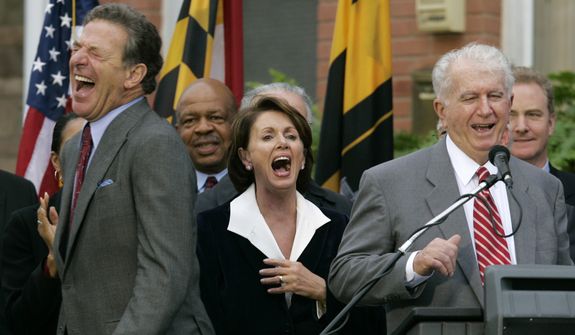 Speaker of the House Nancy Pelosi, D-Calif., center, laughs as her brother Thomas D&#39; Alesandro III, right, makes a joke as he introduces her husband Paul, left, during a street renaming ceremony in her behalf,  Friday, Jan 5, 2007 in Baltimore. (AP Photo/Chris Gardner)