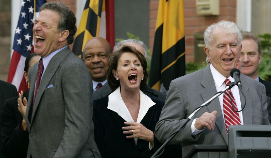 Speaker of the House Nancy Pelosi, D-Calif., center, laughs as her brother Thomas D' Alesandro III, right, makes a joke as he introduces her husband Paul, left, during a street renaming ceremony in her behalf,  Friday, Jan 5, 2007 in Baltimore. (AP Photo/Chris Gardner)