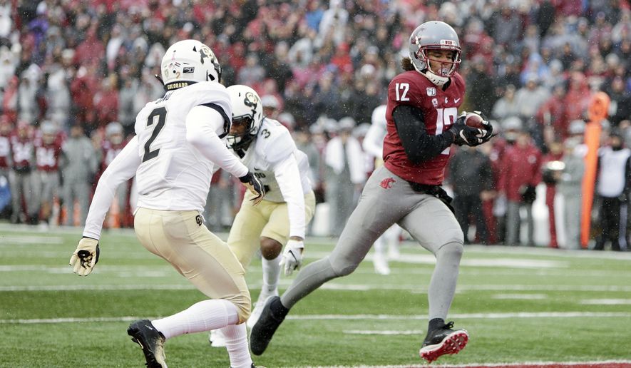 Washington State wide receiver Dezmon Patmon (12) runs for a touchdown in front of Colorado safety Mikial Onu (2) during the first half of an NCAA college football game in Pullman, Wash., Saturday, Oct. 19, 2019. (AP Photo/Young Kwak)
