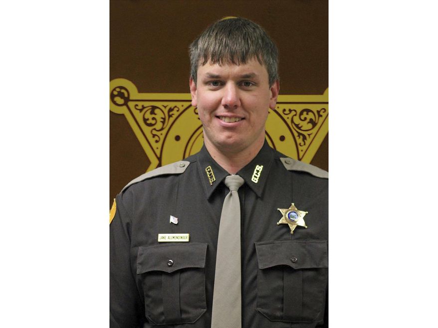 This undated photo released by Gallatin County Sheriff's Office shows deputy Jake Allmendinger. Authorities say the Montana county deputy has been killed in a vehicle accident on an icy mountain road while responding to a report of a stranded vehicle. The Bozeman Daily Chronicle reports 31-year-old Deputy Allmendinger died Saturday, Oct. 19, 2019, in Bozeman. (Gallatin County Sheriff's Office vis AP)