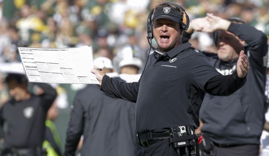 Oakland Raiders head coach Jon Gruden reacts during the second half of an NFL football game against the Green Bay Packers Sunday, Oct. 20, 2019, in Green Bay, Wis. (AP Photo/Jeffrey Phelps)