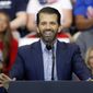 In this Aug. 1, 2019, file photo, Donald Trump Jr. speaks before the arrival of President Donald Trump at a campaign rally at U.S. Bank Arena in Cincinnati. (AP Photo/John Minchillo, File)