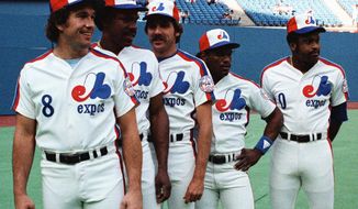 FILE - In this July 13, 1982, file photo, Montreal Expos players, from left, Gary Carter, Andre Dawson, Steve Rogers, Tim Raines and Al Oliver pose before the All-Star baseball game in Montreal. Now known as the Washington Nationals, the team is set to play in the franchise&#39;s first World Series. (The Canadian Press via AP, File)