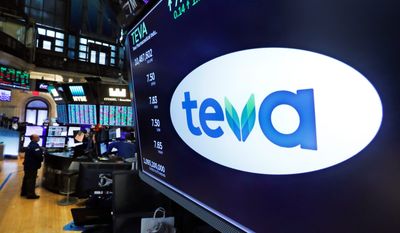 The logo for Teva appears above a trading post on the floor of the New York Stock Exchange, Monday, Oct. 21, 2019. The nation&#39;s three dominant drug distributors and a big drugmaker have reached an over $200 million deal to settle a lawsuit related to the opioid crisis just as the first federal trial over the crisis was due to begin Monday. Drugmaker Teva would contribute $20 million in cash and $20 million worth of suboxone, a drug used to treat opioid addiction. (AP Photo/Richard Drew) **FILE**