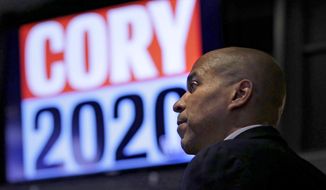 Democratic presidential candidate U.S. Sen. Cory Booker, D-N.J., addresses a gathering during a campaign stop in Boston, Monday, Oct. 21, 2019. (AP Photo/Charles Krupa)