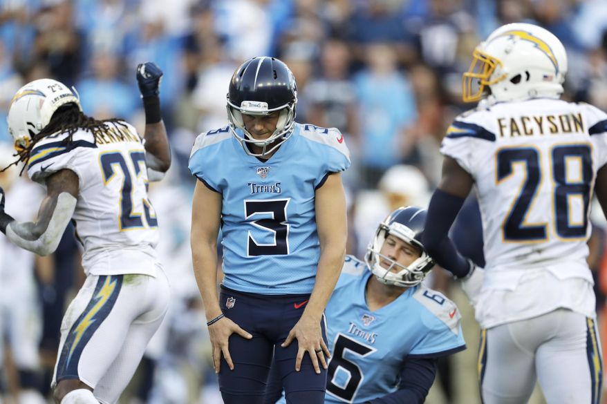 Tennessee Titans kicker Cody Parkey (3) reacts to missing an extra point by hitting the right upright in the second half of an NFL football game against the Los Angeles Chargers Sunday, Oct. 20, 2019, in Nashville, Tenn. (AP Photo/James Kenney)