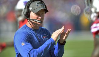Buffalo Bills head coach Sean McDermott gives encouragement from the sideline the first half of an NFL football game Miami Dolphins, Sunday, Oct. 20, 2019, in Orchard Park, N.Y. (AP Photo/Adrian Kraus)