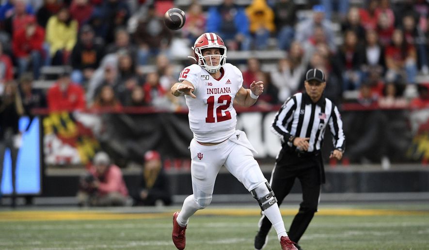 Indiana quarterback Peyton Ramsey throws a pass during the second half of an NCAA college football game against Maryland, Saturday, Oct. 19, 2019, in College Park, Md. (AP Photo/Nick Wass)