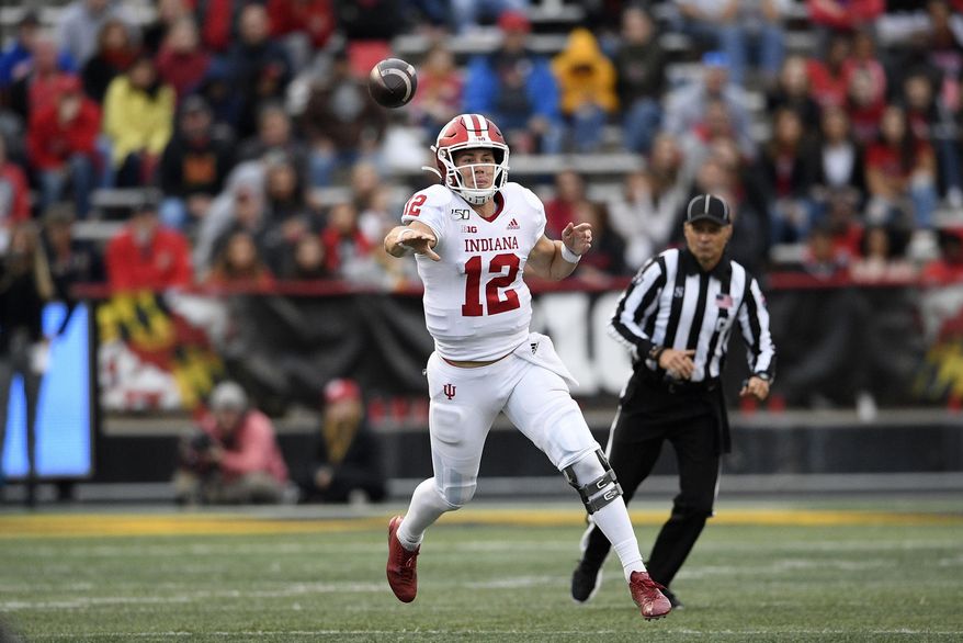 Indiana quarterback Peyton Ramsey throws a pass during the second half of an NCAA college football game against Maryland, Saturday, Oct. 19, 2019, in College Park, Md. (AP Photo/Nick Wass)