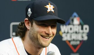Houston Astros starting pitcher Gerrit Cole speaks during a news conference for baseball&#x27;s World Series Monday, Oct. 21, 2019, in Houston. The Houston Astros face the Washington Nationals in Game 1 on Tuesday. (AP Photo/Eric Gay)