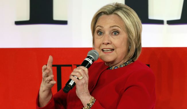 In this April 23, 2019, photo, Hillary Clinton speaks during the TIME 100 Summit, in New York. Mrs. Clinton is popping up in presidential politics again, and some Democrats are wary even as they praise her role as a senior party leader. (AP Photo/Richard Drew, File)