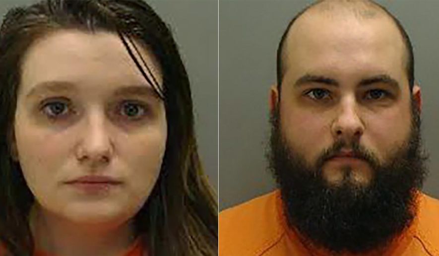 This combination of January 2019 booking photos from Cass County, Neb., show Kassandra Krutina, left, and David Krutina. The eastern Nebraska couple were sentenced Monday, Oct. 21 to five years of probation for the death of one of their malnourished infant twin daughters. (Cass County, Neb via AP)