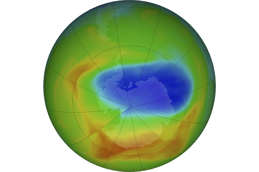 This image made available by NASA shows a map of a hole in the ozone layer over Antarctica on Sunday, Oct. 20, 2019. The purple and blue colors indicate the least amount of ozone, and the yellows and reds show the most. In October 2019, NASA says the ozone hole near the south pole this year is the smallest since it was discovered, but it is more due to freakish Antarctic weather than efforts to cut down on pollution. (Goddard Space Flight Center/NASA via AP)