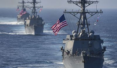 The Arleigh Burke-class guided-missile destroyers USS Preble (DDG 88), USS Halsey (DDG 97) and USS Sampson (DDG 102) are underway behind the aircraft carrier USS Theodore Roosevelt (CVN 71). Theodore Roosevelt and its carrier strike group are deployed to the U.S. 5th Fleet area of operations in support of maritime security operations to reassure allies and partners and preserve the freedom of navigation and the free flow of commerce in the region. (U.S. Navy photo by Mass Communication Specialist Seaman Michael A. Colemanberry/Released) 180324-N-NK192-1337 Join the conversation: http://www.navy.mil/viewGallery.asp http://www.facebook.com/USNavy http://www.twitter.com/USNavy http://navylive.dodlive.mil http://pinterest.com