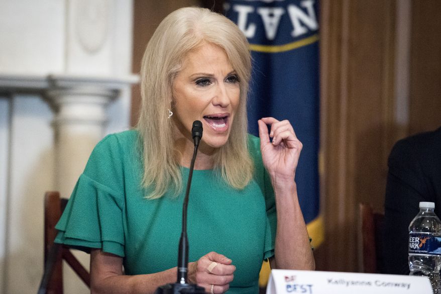 Counselor to the President Kellyanne Conway, participates in a roundtable discussion on the opioid crisis, on Capitol Hill in Washington, Wednesday, Oct. 23, 2019. (AP Photo/Cliff Owen)