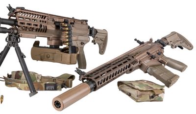 Sig Sauer responded to the U.S. Army&#39;s request for a battlefield upgrade for troops by supplying 6.8 mm hybrid ammunition, a lightweight machine gun, a rifle, and suppressors. The system is referred to as NGSW. (Image: Sig Sauer, press release, for the Next Generation Squad Weapons)
