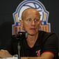 Louisville coach Chris Mack answers a question during the Atlantic Coast Conference NCAA college basketball media day in Charlotte, N.C., Tuesday, Oct. 8, 2019. (AP Photo/Nell Redmond)