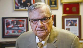 In this Aug. 26, 2019, file photo, former Arizona Maricopa County Sheriff Joe Arpaio poses for a portrait after talking about trying to get back the job he lost in 2016 as he announces his 2020 campaign for Maricopa County Sheriff in Fountain Hills, Ariz. (AP Photo/Ross D. Franklin, File)