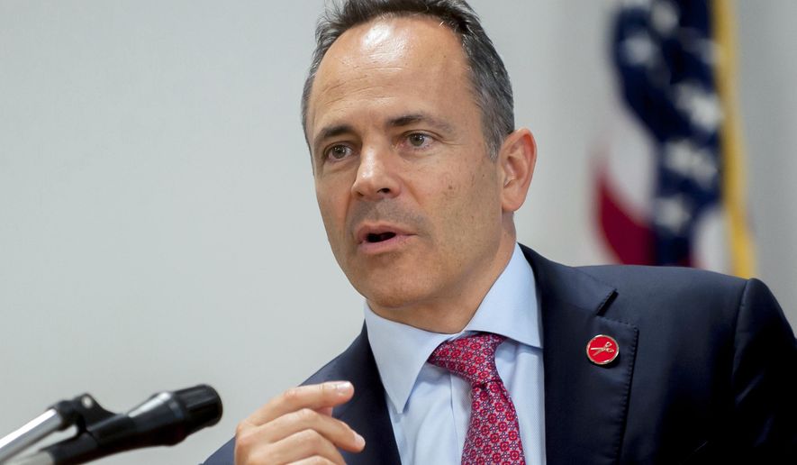 FILE - In this Aug. 16, 2019, file photo, Kentucky Republican Gov. Matt Bevin speaks during a news conference at Glasgow City Hall in Glasgow, Ky. Offering a glimpse into a second term if he wins reelection, Bevin said Wednesday, Oct. 23 that his top priorities would mostly overlap the same issues he’s emphasized since taking office, topped by his insistence that the state fix its chronic pension problems. (Bac Totrong/Daily News via AP, File)