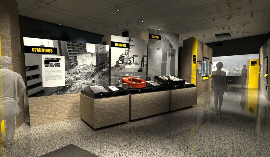 In this artist&#x27;s rendering provided by C&amp;amp;G Partners, the exhibit &amp;quot;Revealed: The Hunt for Bin Laden,&amp;quot; is shown at the National September 11 Museum in New York. Newly declassified U.S. government artifacts are part of the exhibit, opening Nov. 15, 2019, that traces the decade-long, secret search for Osama bin Laden at the site of the New York terrorist attack he commandeered. (C&amp;amp;G Partners via AP)