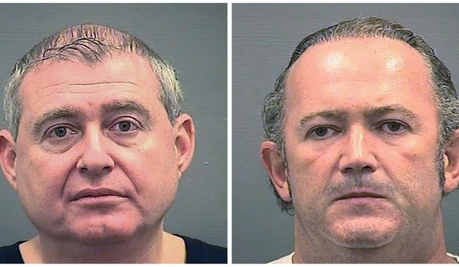 This combination of Oct. 9, 2019, photos provided by the Alexandria Sheriff&#x27;s Office shows booking photos of Lev Parnas, left, and Igor Fruman. The two business associates of Rudy Giuliani are due in a New York City court in their campaign finance case. Parnas and Fruman were to be arraigned Wednesday, Oct. 23, on charges they conspired to make illegal contributions to political committees supporting President Donald Trump and other Republicans. (Alexandria Sheriff&#x27;s Office via AP, File)