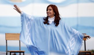 Vice Presidential candidate Cristina Fernandez de Kirchner waves to supporters upon her arrival to a closing campaign rally with running mate Alberto Fernandez in Mar Del Plata, Argentina, Thursday, Oct. 24, 2019.&amp;#160; Argentina will hold presidential elections on&amp;#160; Oct. 27.&amp;#160; (AP Photo/Natacha Pisarenko)