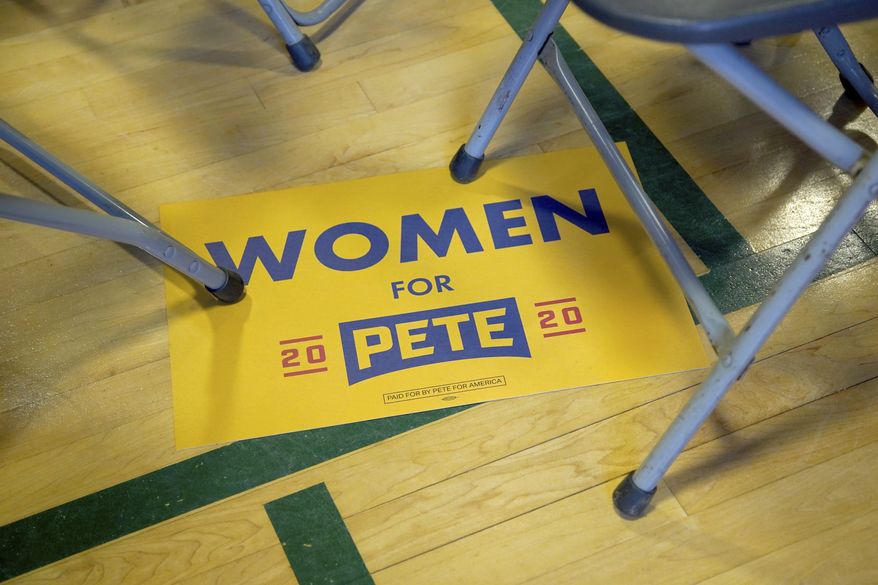A sign for Democratic presidential candidate South Bend, Ind., Mayor Pete Buttigieg sits on a floor with folding chairs following an event, Thursday, Oct. 24, 2019, in Nashua, N.H. (AP Photo/Mary Schwalm)