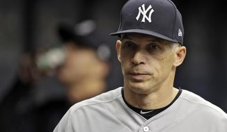 FILE - This May 20, 2017 file photo shows New York Yankees manager Joe Girardi during a baseball game against the Tampa Bay Rays in St. Petersburg, Fla.  Person familiar with deal tells AP the Philadelphia Phillies are hiring Girardi as manager, Thursday, Oct. 24, 2019.   (AP Photo/Chris O&#39;Meara, File)