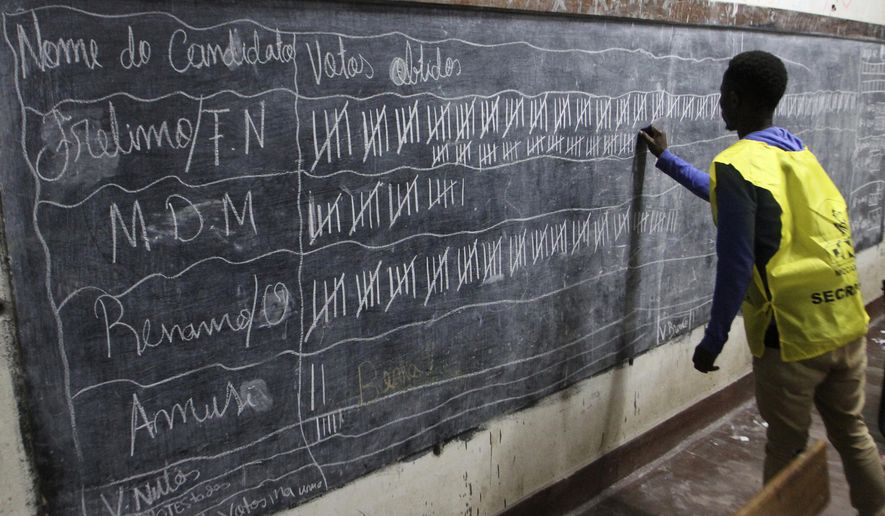 FILE -- In this Tuesday, Oct. 15, 2019 file photo, vote counting takes place after the polling station closed in Maputo, Mozambique. Mozambique's president and ruling Frelimo party seem to be heading for an overwhelming victory according to preliminary results released Thursday Oct. 24, 2019, as the opposition and some observers allege the election was marked by intimidation, ballot stuffing and flawed vote counting. (AP Photo/Ferhat Momade/File)
